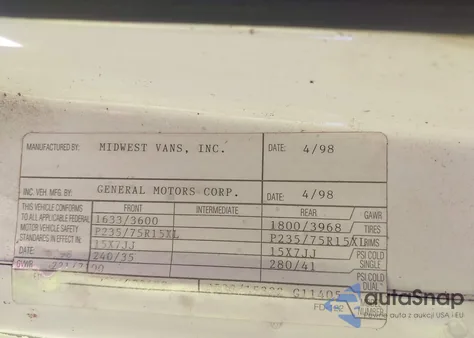 1998 Chevrolet Chevy Van G1500 из США, поврежденный, VIN 1GBFG15R2W1093422